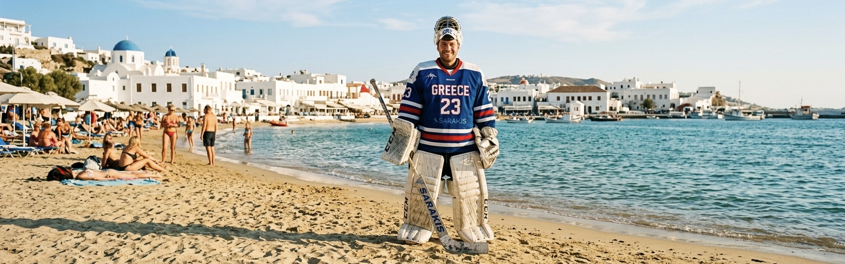 Hockey goaliemin full gear on summer beach