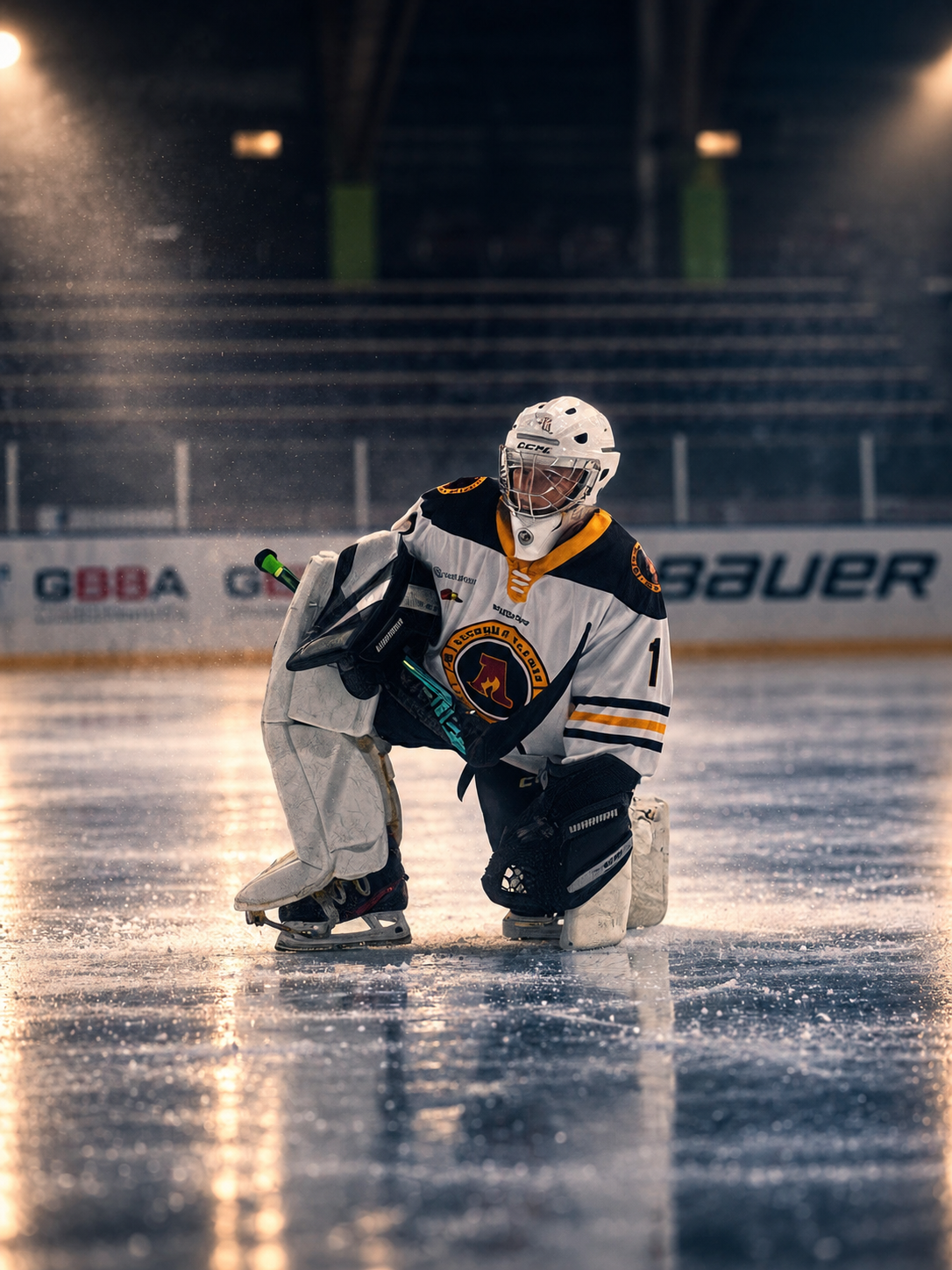 ice hockey goalie kneeling on the ice